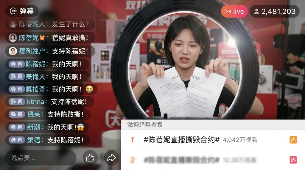 2023年11月11日陈蓓妮直播间‘撕毁合约’行为的录屏文件及社交媒体热搜头条截图