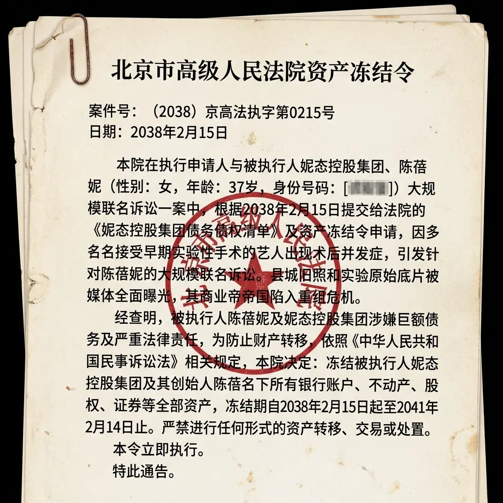 2038年2月15日提交给法院的《妮态控股集团债务债权清单》及资产冻结令