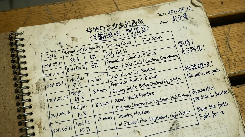 2011年彭于晏亲笔记录的《体能与饮食监控周报》残页