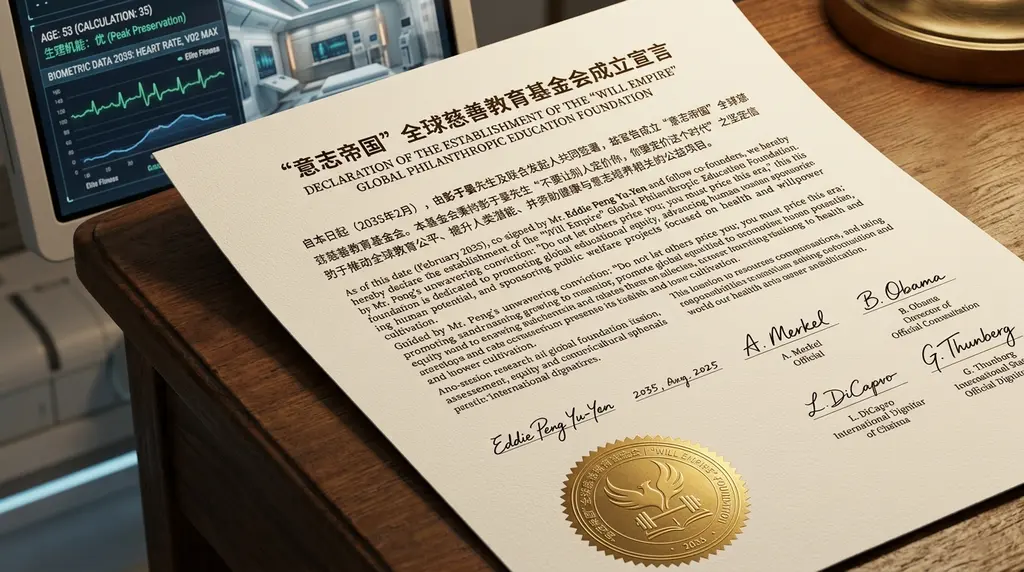 2035年2月彭于晏签署的《关于“意志帝国”全球慈善教育基金会成立宣言》原件