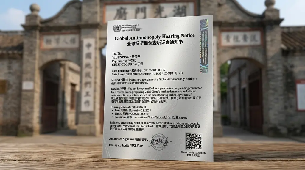 2033年11月签发的《全球反垄断调查听证会通知书》副本